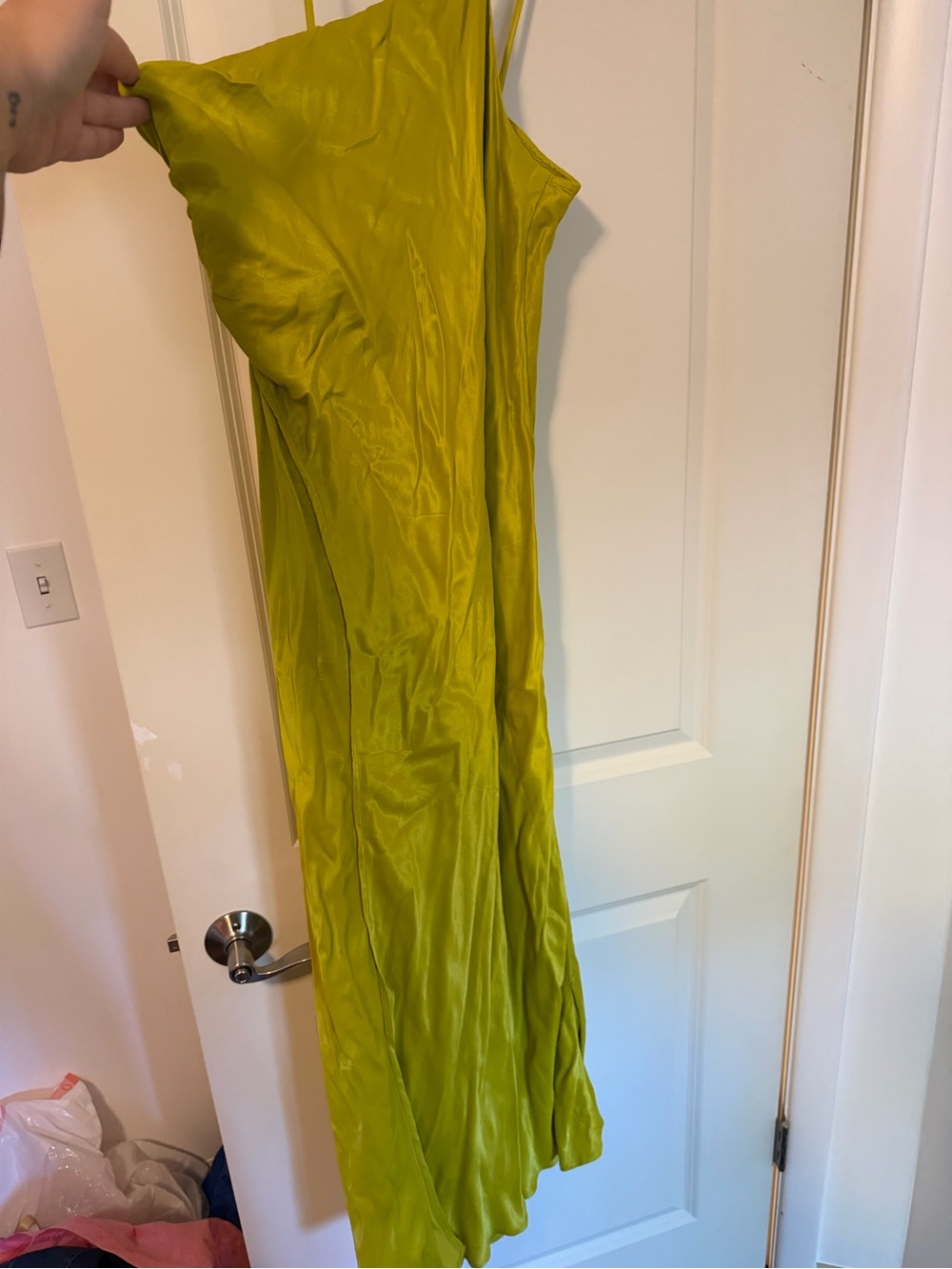 One-Shoulder Lime Green Satin Slip Dress - Women's Evening Wear